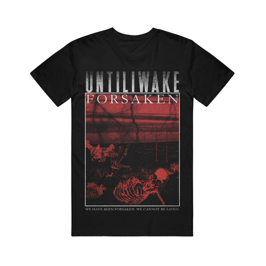 image of a black tee shirt on a white background. tee has full body print. in red and black are skeletons in a deserted forest. at the top in white says until i wake forsaken
