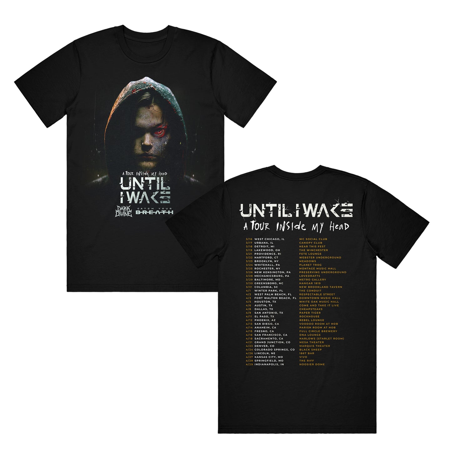 image of the front and back of a black tee shirt on a white background. front is on the left and has an image of a red eyed person with a hoodie on. below the head says until i wake. the back is on the right and has their 2023 tour dates and locations
