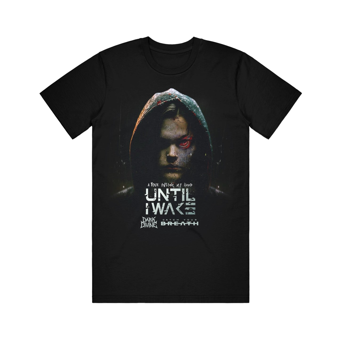 image of the front of a black tee shirt on a white background. tee has an image of a red eyed person with a hoodie on. below the head says until i wake.