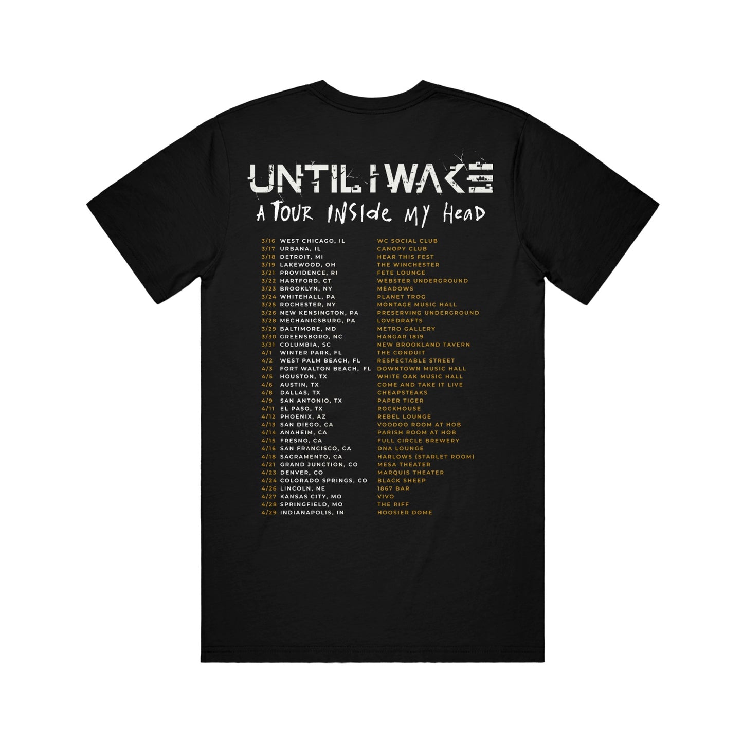 image of the back of a black tee shiirt on a white background. tee has their 2023 tour dates and locations