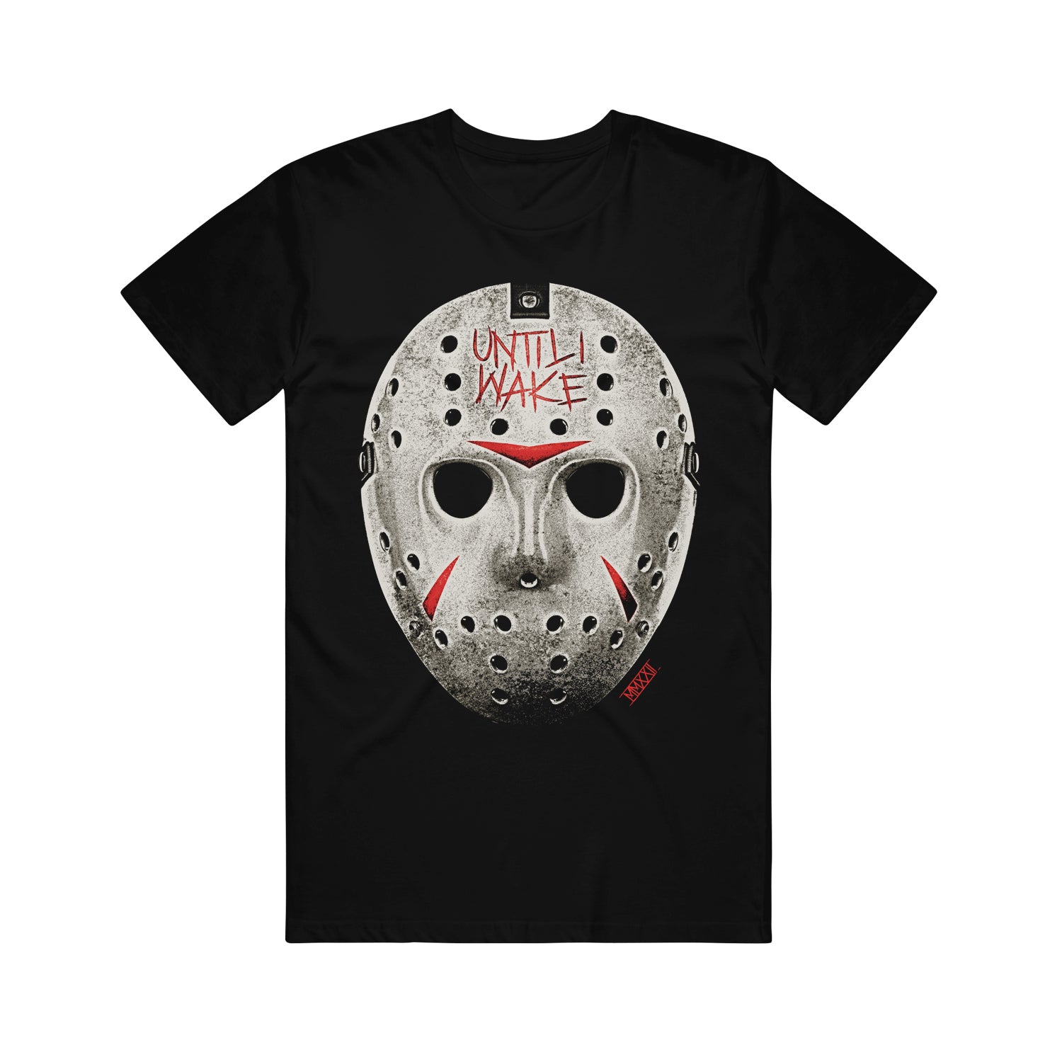 image of a black tee shirt on a white background. front of the tee has print of Jason with the hockey mask. at the top of the mask says until I wake