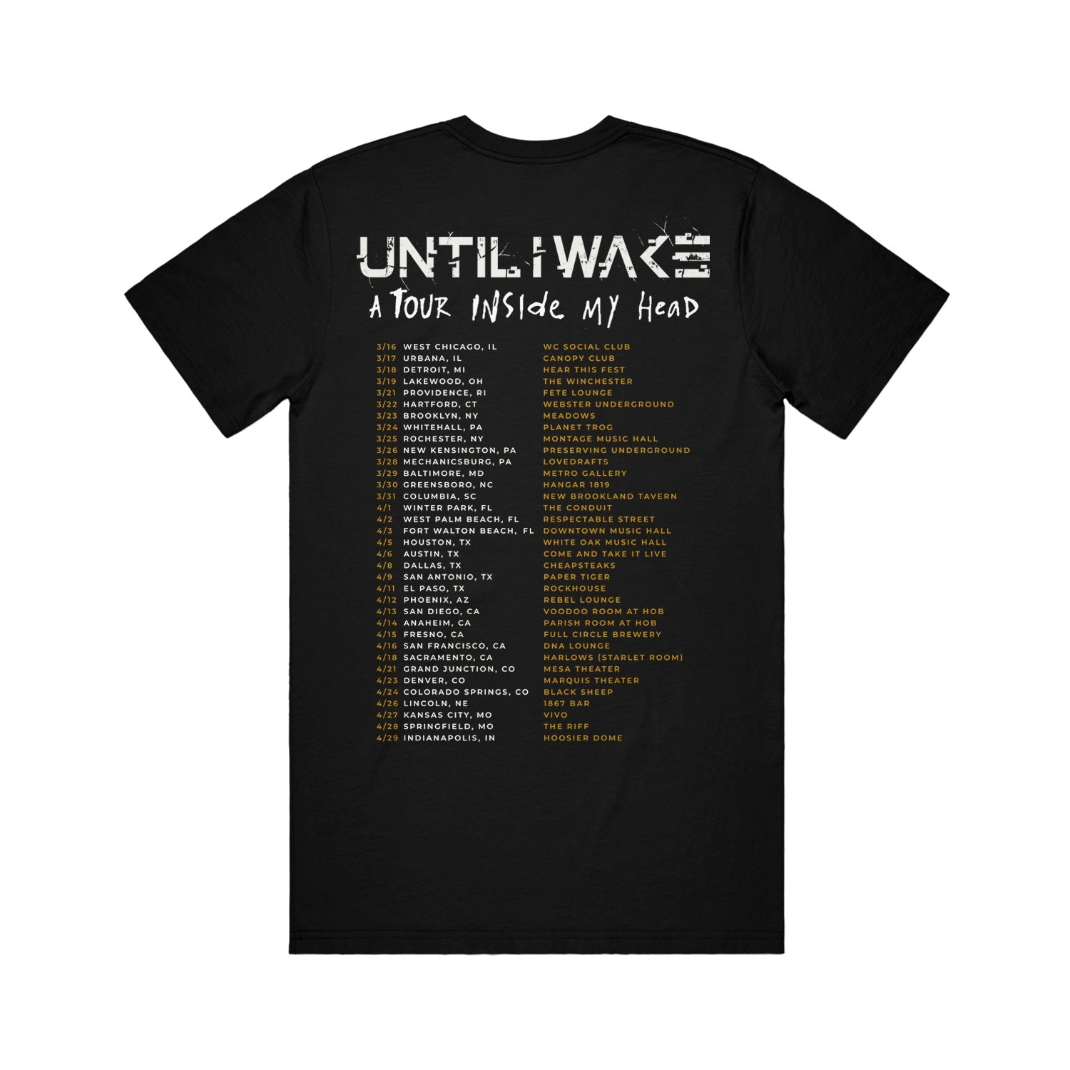 image of the back of a black tee shiirt on a white background. tee has their 2023 tour dates and locations